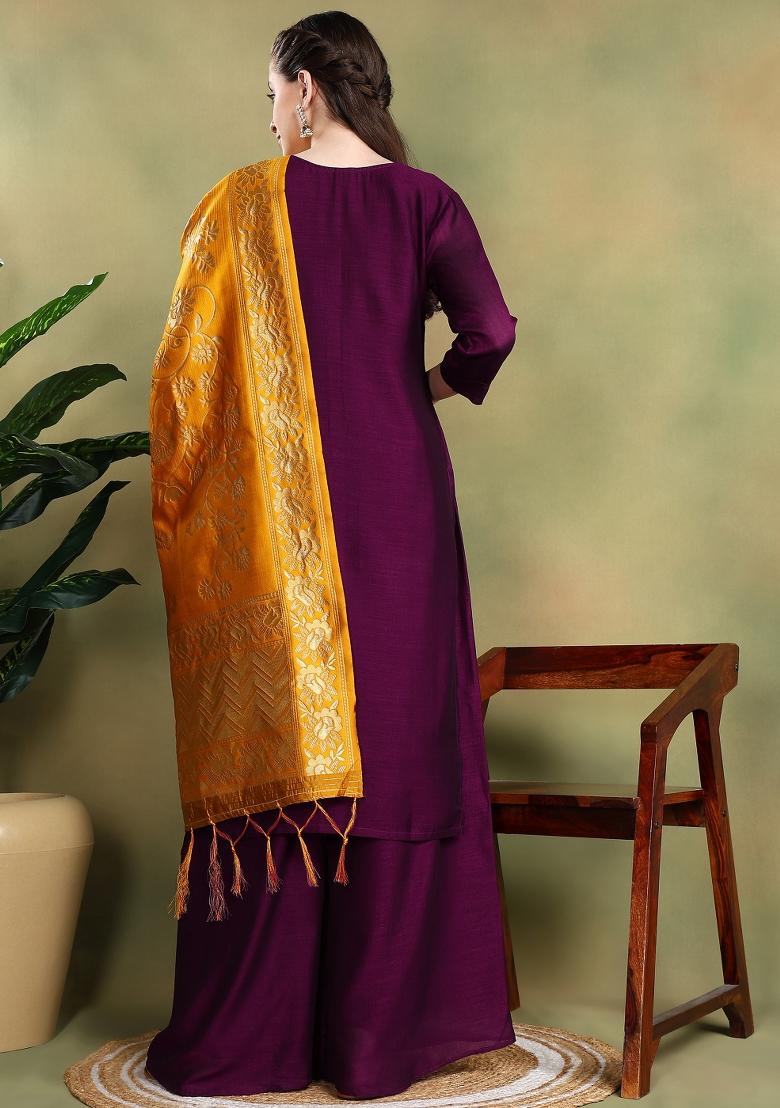 Wine Embroidered Silk Salwar Kameez With Dupatta