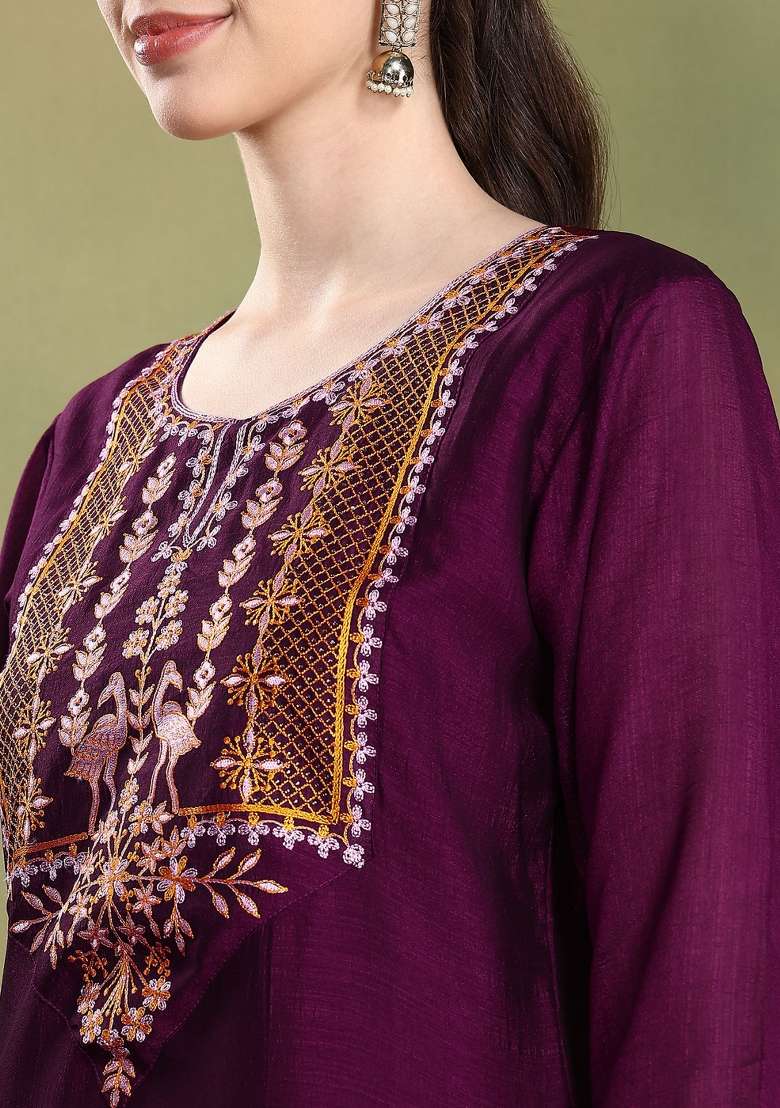 Wine Embroidered Silk Salwar Kameez With Dupatta - Indya