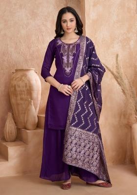 Purple Embroidered Silk Salwar Kameez With Dupatta
