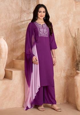 Purple Embroidered Silk Salwar Kameez With Dupatta