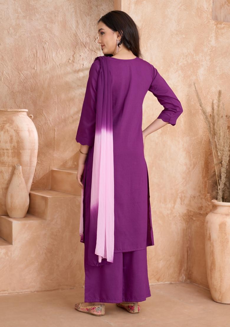 Purple Embroidered Silk Salwar Kameez With Dupatta