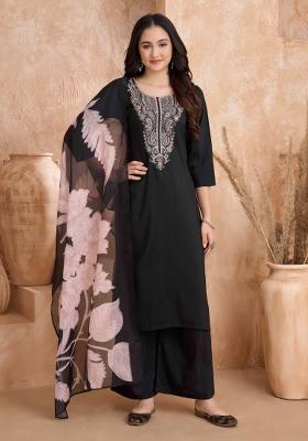 Black Embroidered Silk Salwar Kameez With Dupatta