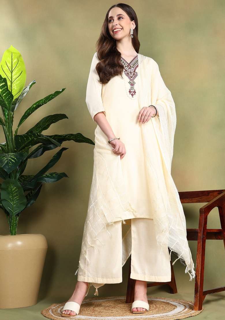 Cream Embroidered Silk Salwar Kameez With Dupatta - Indya