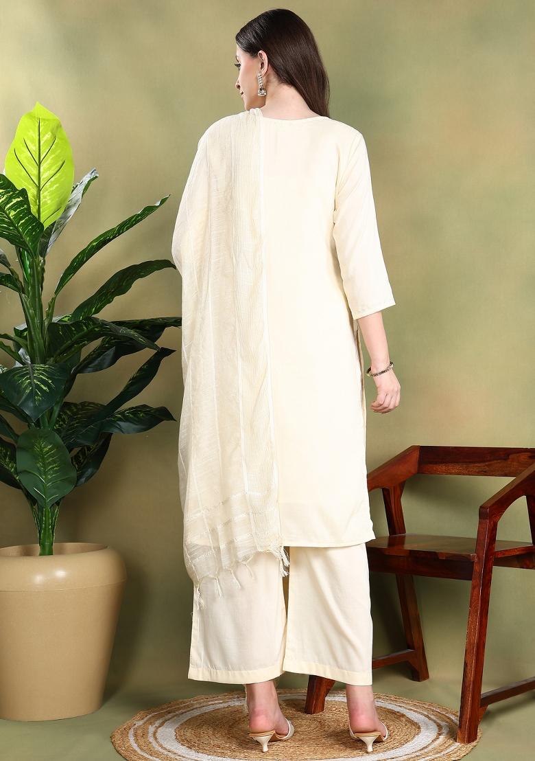 Cream Embroidered Silk Salwar Kameez With Dupatta