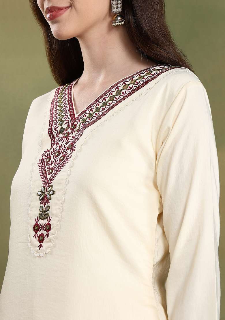 Cream Embroidered Silk Salwar Kameez With Dupatta - Indya