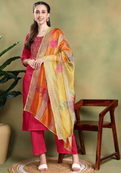 Pink Embroidered Silk Salwar Kameez With Dupatta