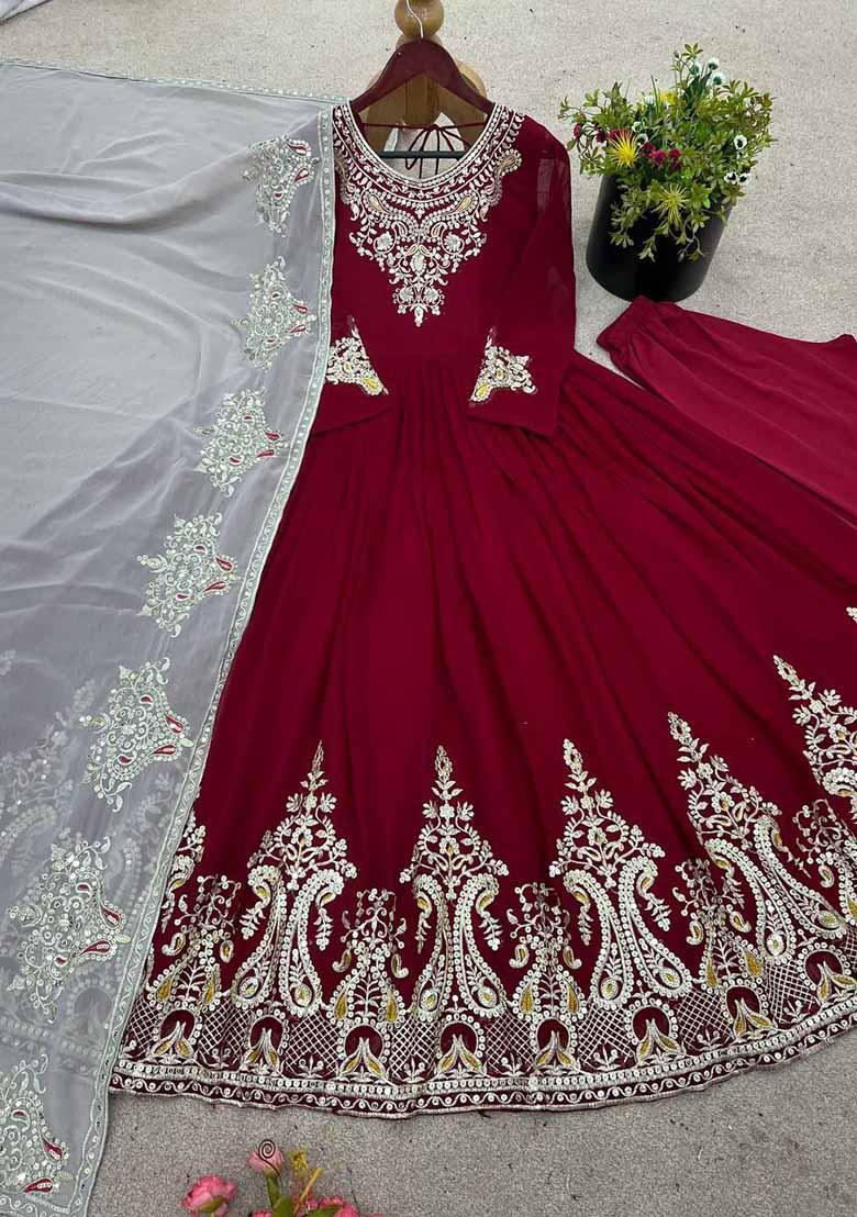 Maroon Embroidered Georgette Salwar Kameez With Dupatta
