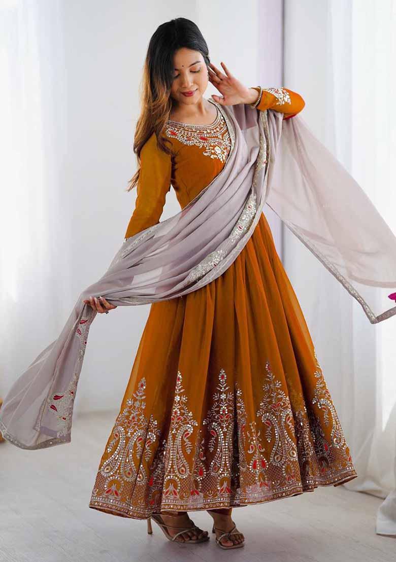 Yellow Embroidered Georgette Salwar Kameez With Dupatta