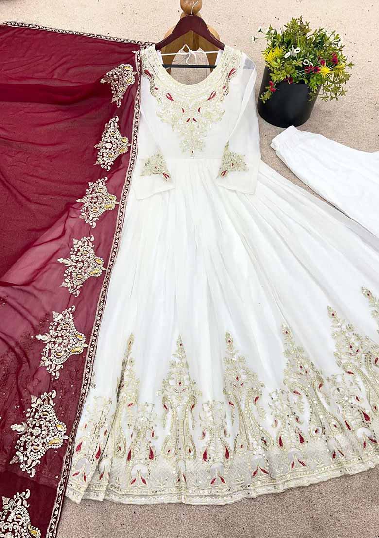 White Embroidered Georgette Salwar Kameez With Dupatta