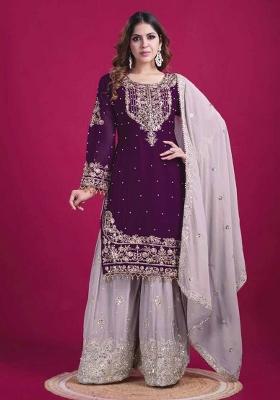 Wine Embroidered Georgette Salwar Kameez With Dupatta