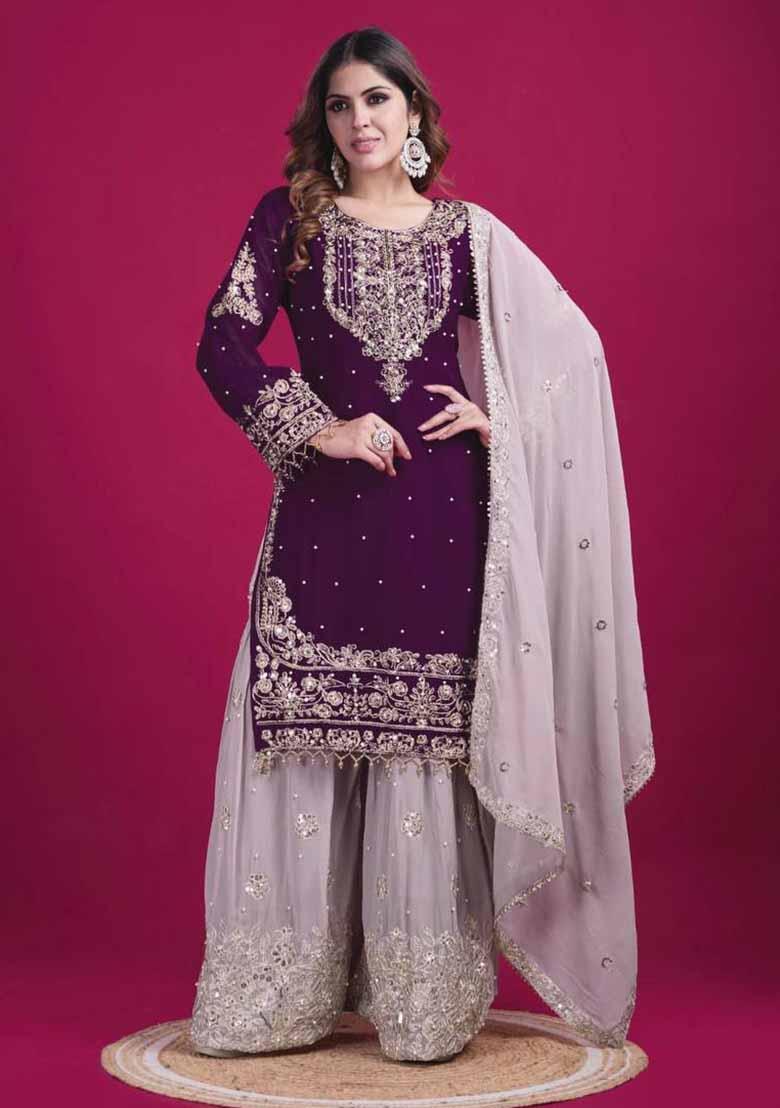 Wine Embroidered Georgette Salwar Kameez With Dupatta