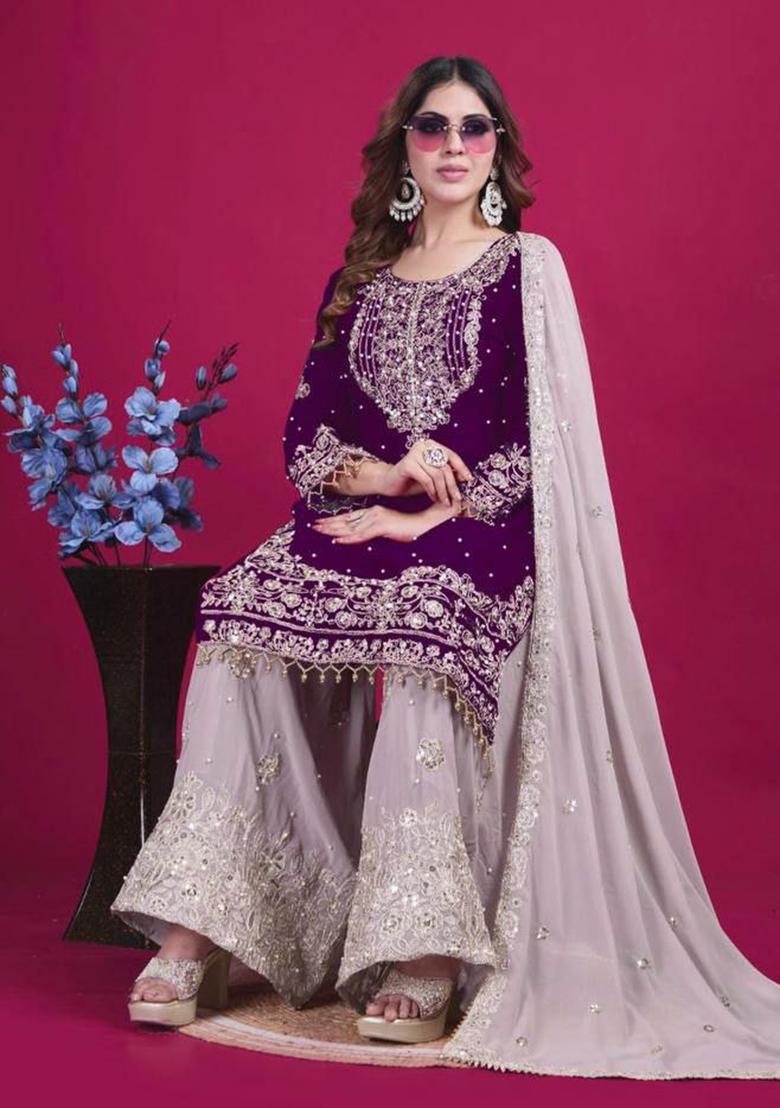 Wine Embroidered Georgette Salwar Kameez With Dupatta