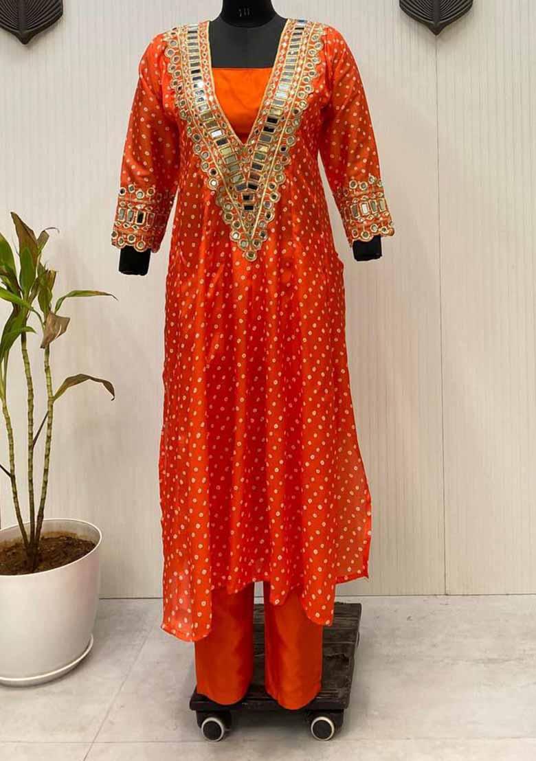 Orange Embroidered Silk Salwar Kameez With Dupatta
