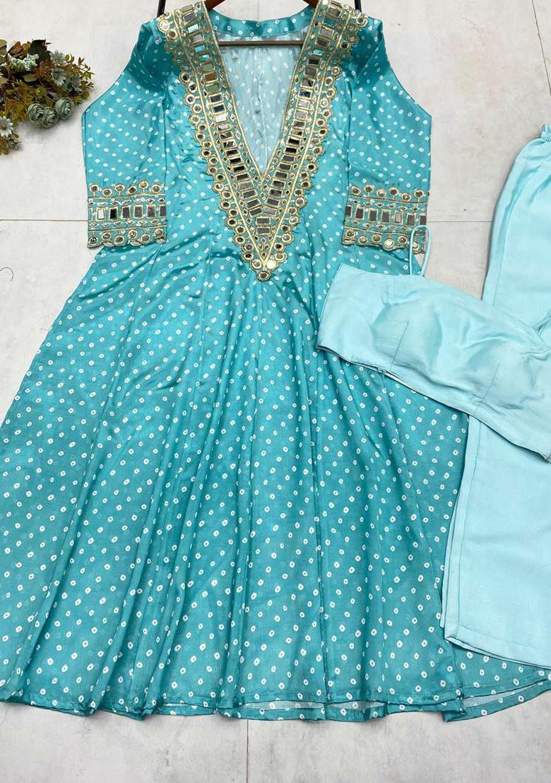 Sky Blue Embroidered Silk Salwar Kameez With Dupatta