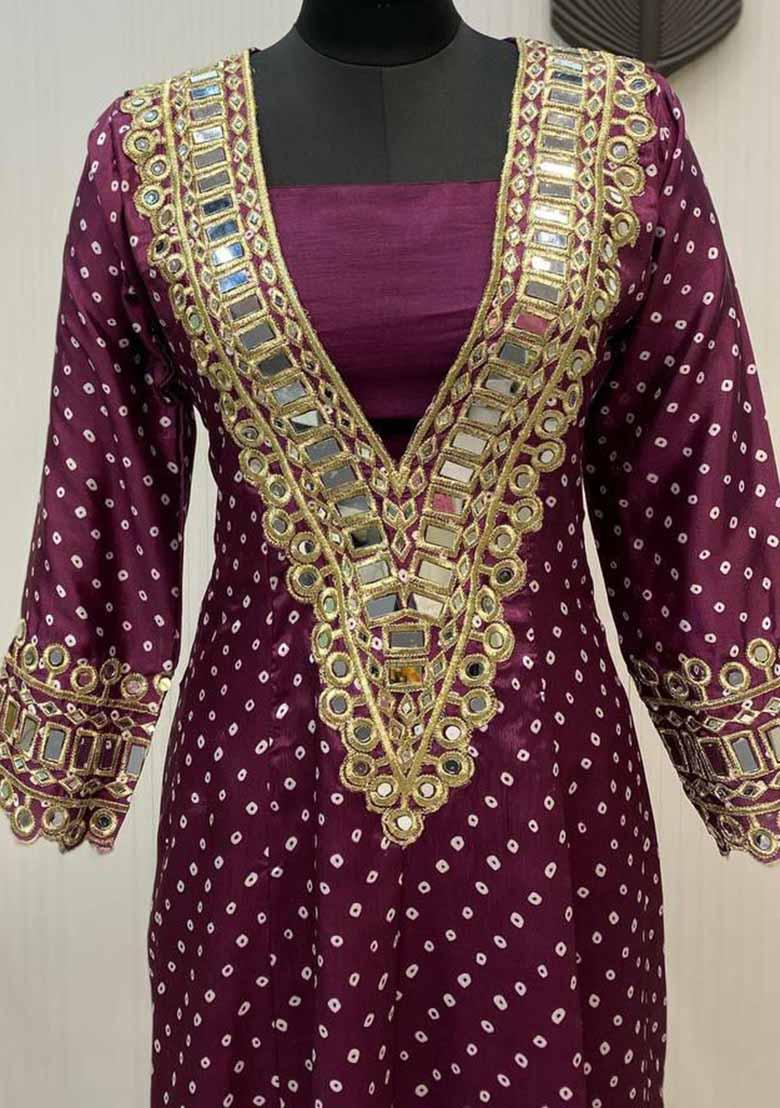 Wine Embroidered Silk Salwar Kameez With Dupatta