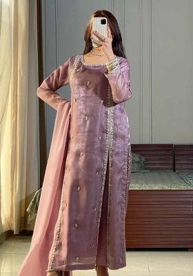 Onion Pink Embroidered Tissue Salwar Kameez With Dupatta