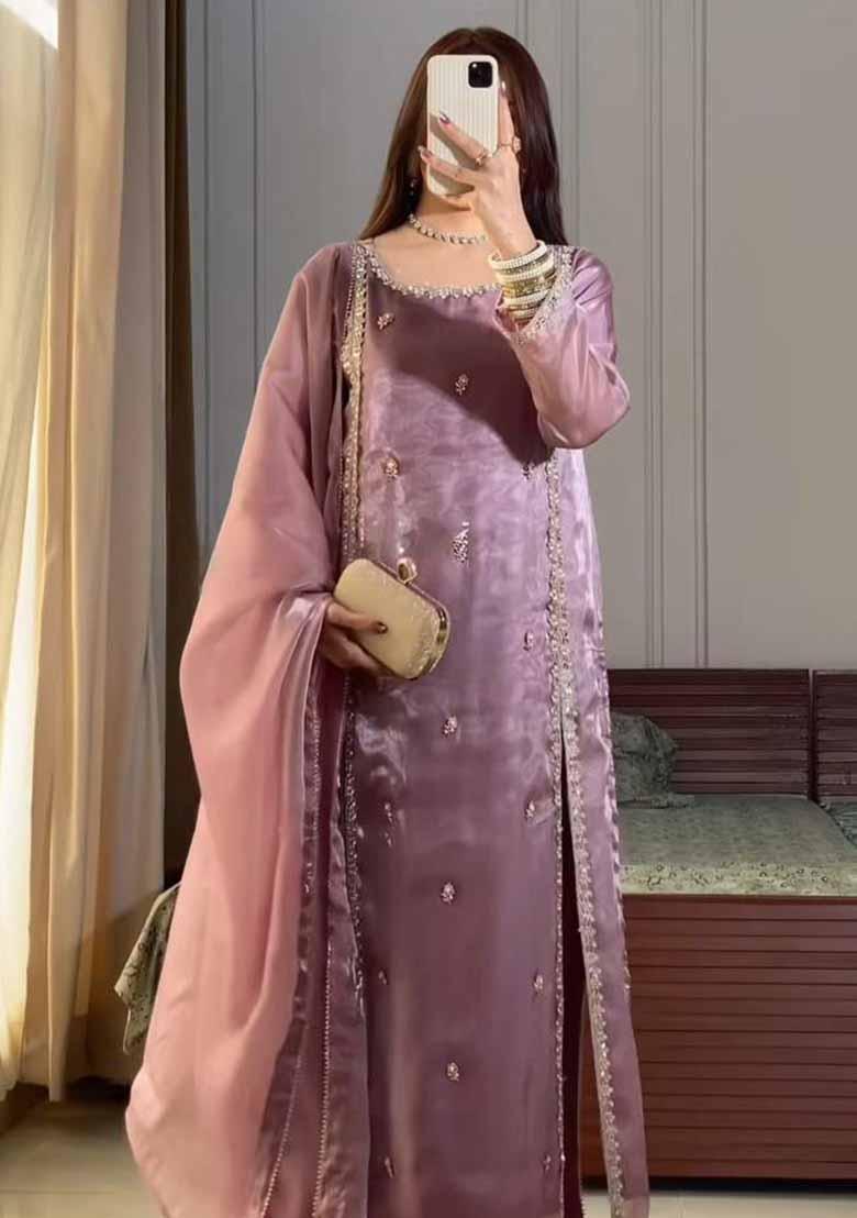 Onion Pink Embroidered Tissue Salwar Kameez With Dupatta