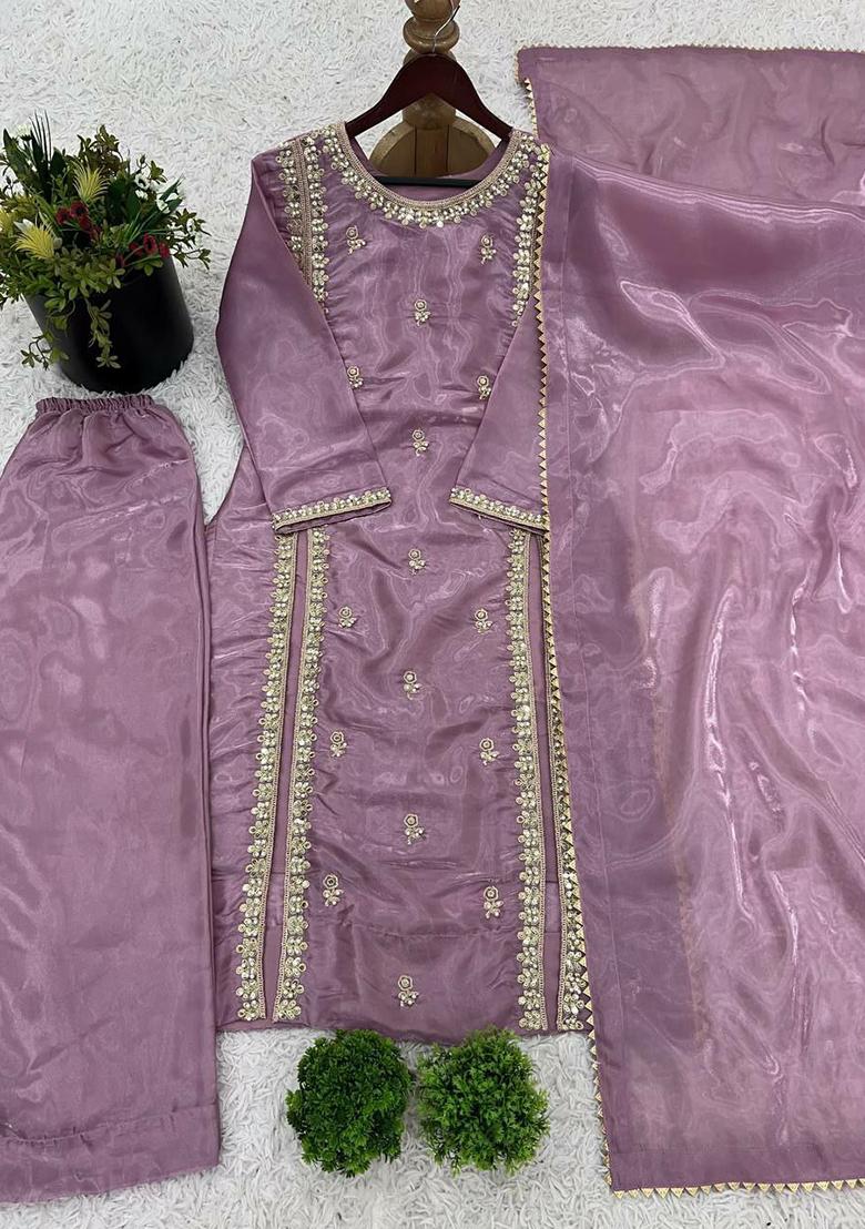 Onion Pink Embroidered Tissue Salwar Kameez With Dupatta