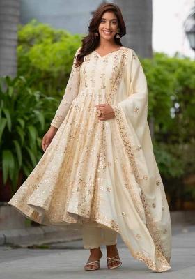 Off White Embroidered Silk Salwar Kameez With Dupatta