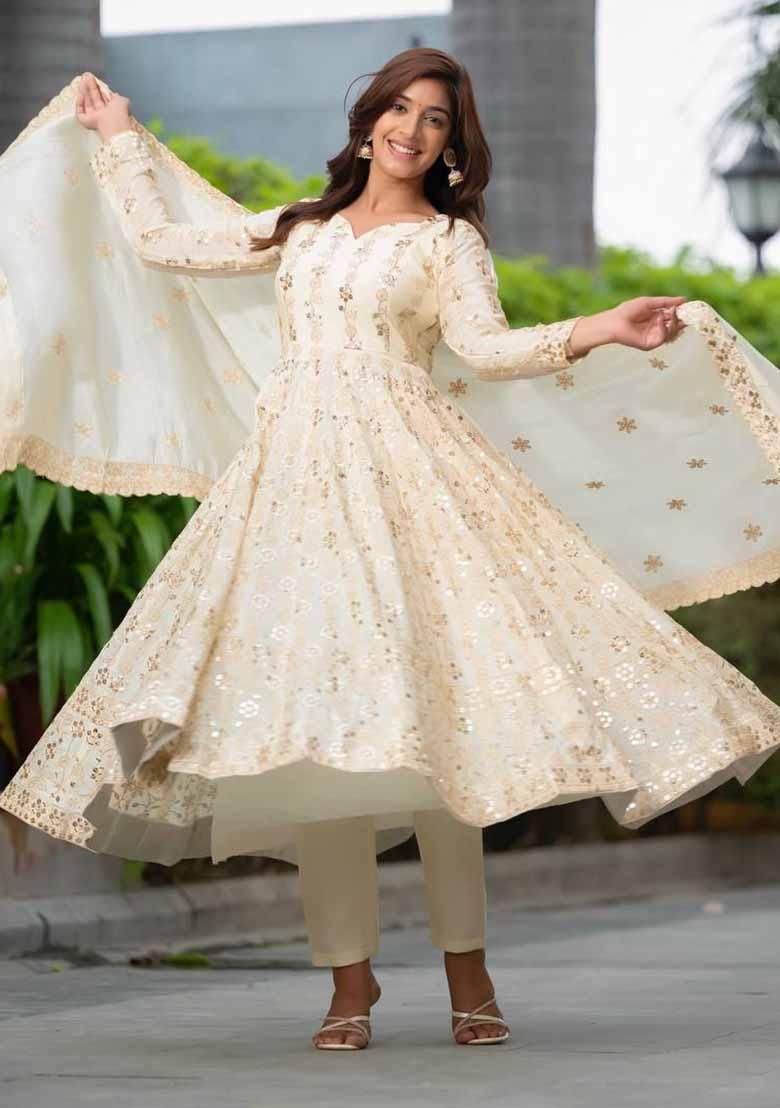 Off White Embroidered Silk Salwar Kameez With Dupatta