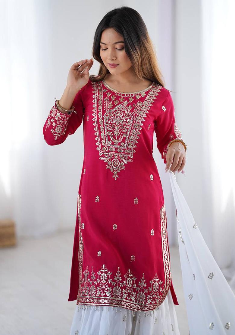 Pink Embroidered Silk Salwar Kameez With Dupatta
