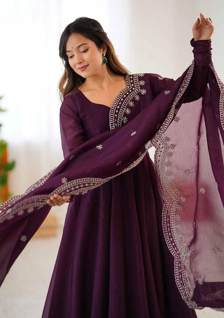 Wine Embroidered Silk Salwar Kameez With Dupatta