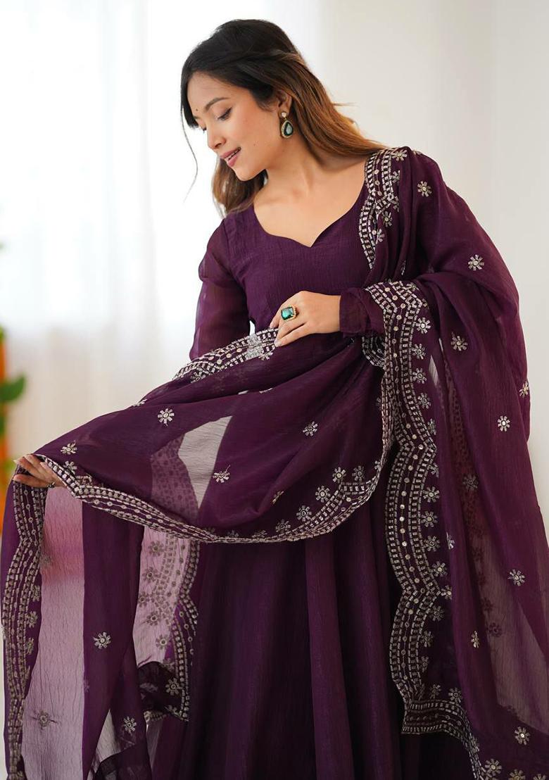Wine Embroidered Silk Salwar Kameez With Dupatta