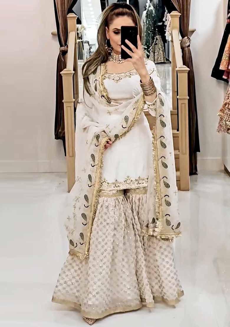Off White Embroidered Georgette Salwar Kameez With Dupatta