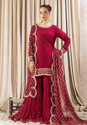 Maroon Embroidered Georgette Salwar Kameez With Dupatta