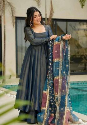 Aqua Blue Embroidered Silk Salwar Kameez With Dupatta