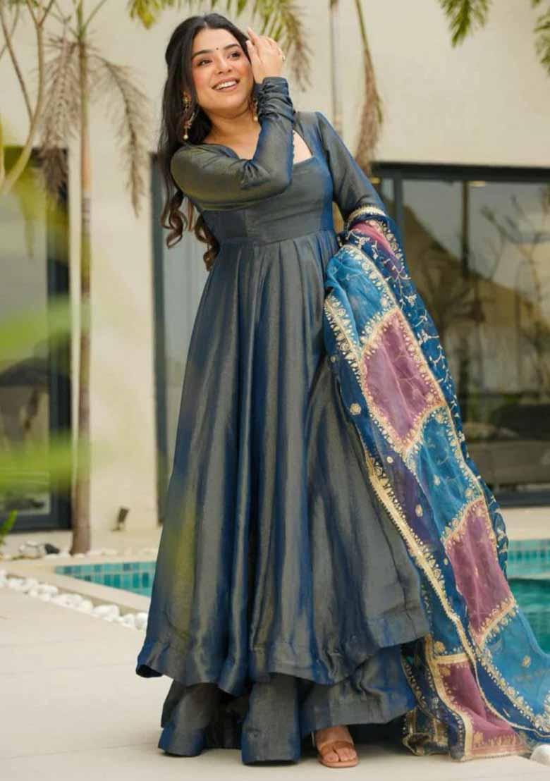 Aqua Blue Embroidered Silk Salwar Kameez With Dupatta