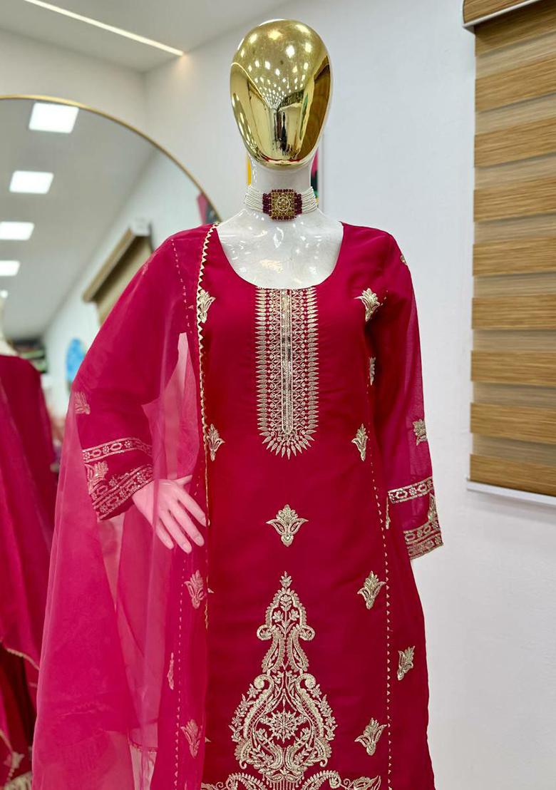 Pink Embroidered Georgette Salwar Kameez With Dupatta