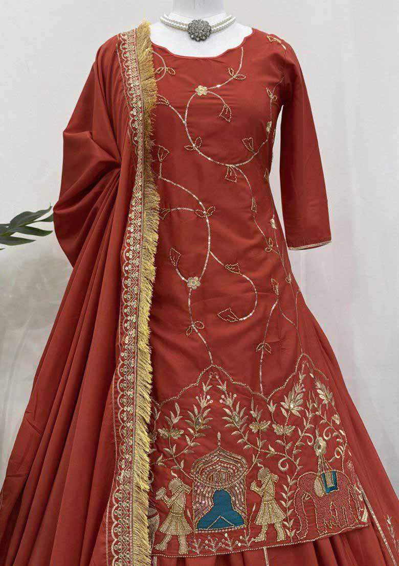 Orange Embroidered Silk Salwar Kameez With Dupatta