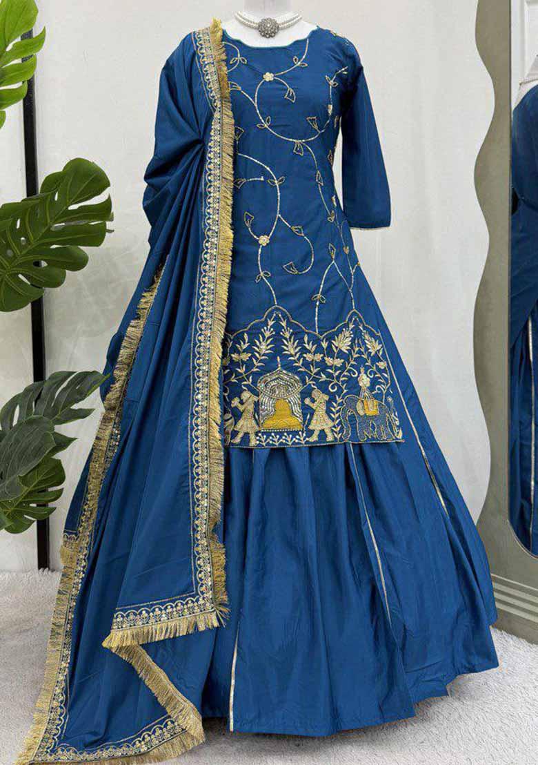Blue Embroidered Silk Salwar Kameez With Dupatta