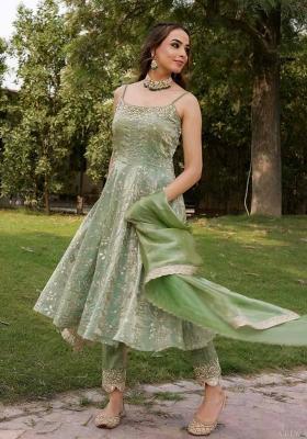 Pista Green Embroidered Silk Salwar Kameez With Dupatta