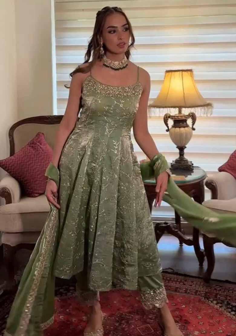 Pista Green Embroidered Silk Salwar Kameez With Dupatta