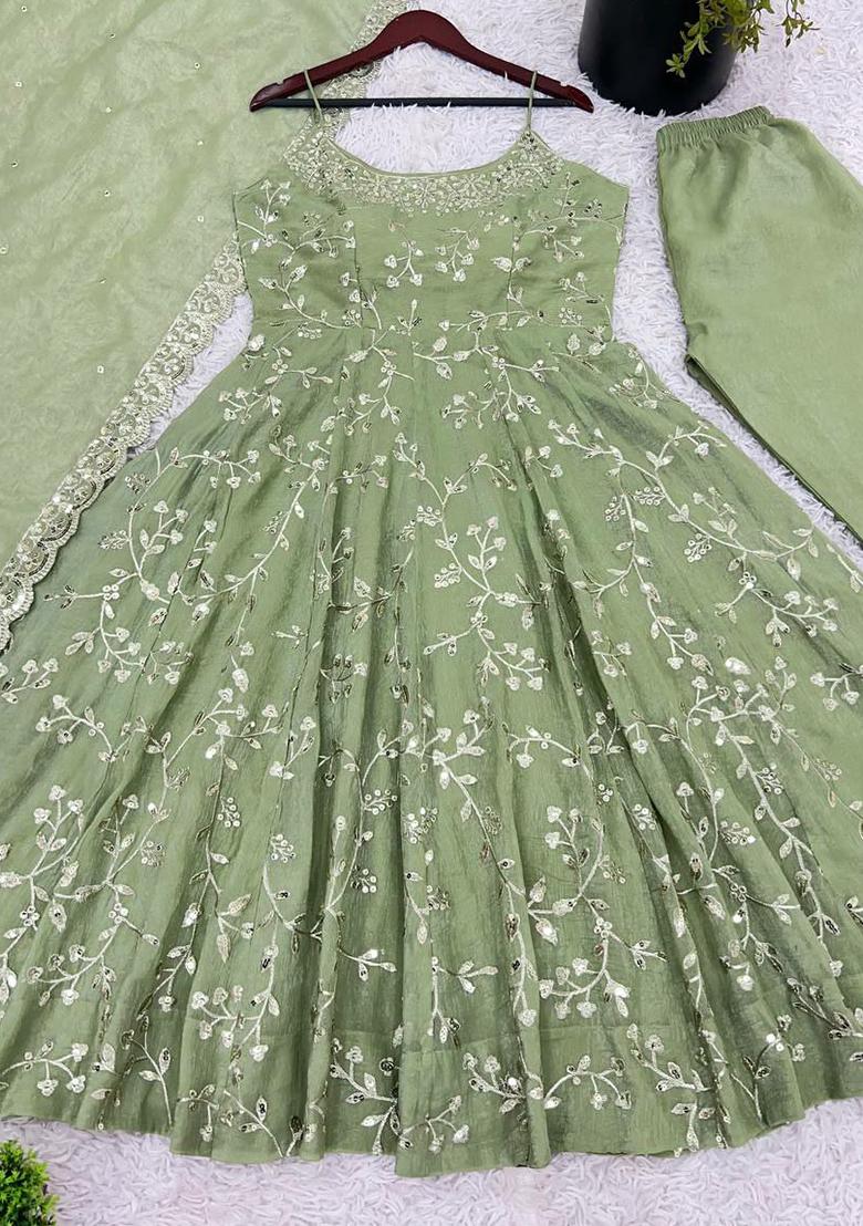 Pista Green Embroidered Silk Salwar Kameez With Dupatta