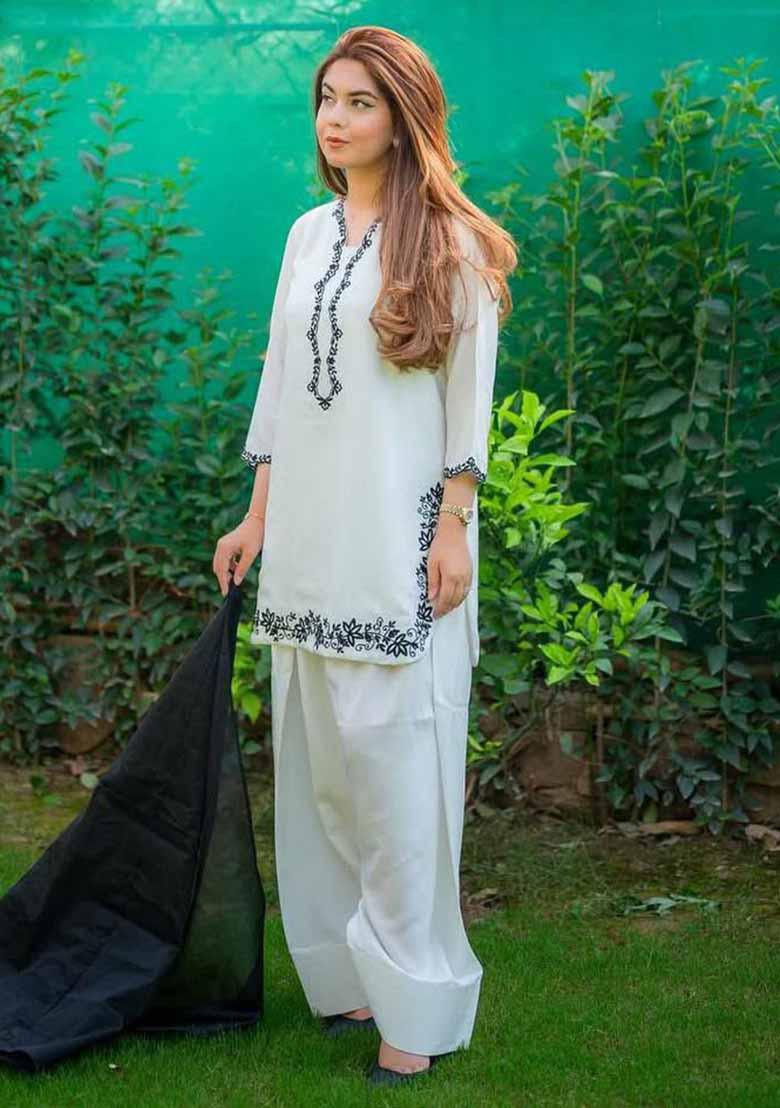 Off White Embroidered Silk Salwar Kameez With Dupatta