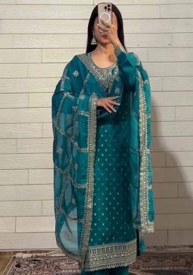 Rama Embroidered Silk Salwar Kameez With Dupatta