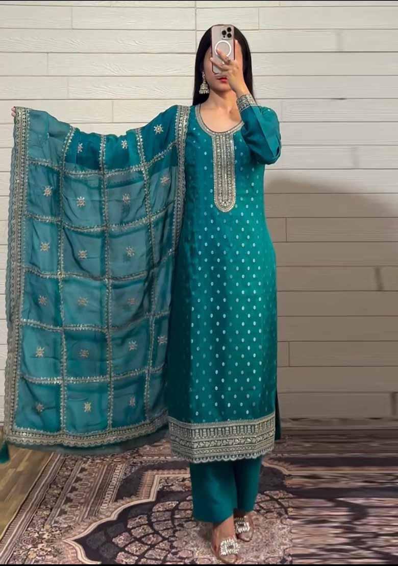Rama Embroidered Silk Salwar Kameez With Dupatta