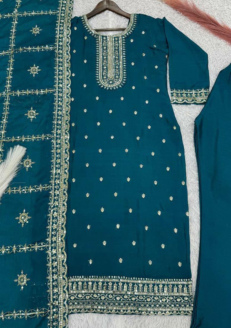 Rama Embroidered Silk Salwar Kameez With Dupatta