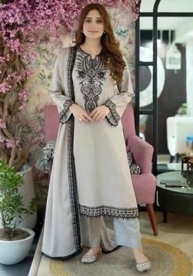 Off White Embroidered Georgette Salwar Kameez With Dupatta