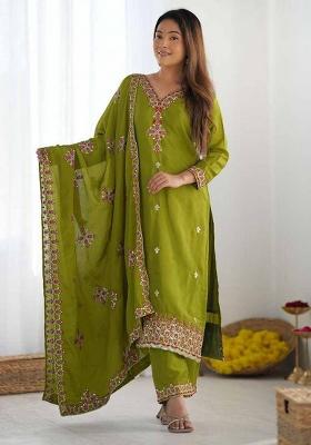 Mahendi Embroidered Silk Salwar Kameez With Dupatta
