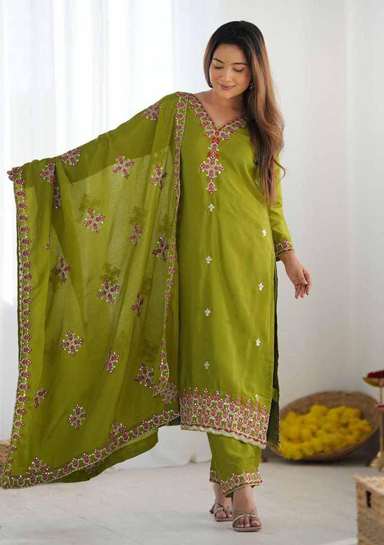 Mahendi Embroidered Silk Salwar Kameez With Dupatta