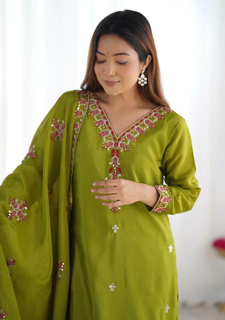 Mahendi Embroidered Silk Salwar Kameez With Dupatta