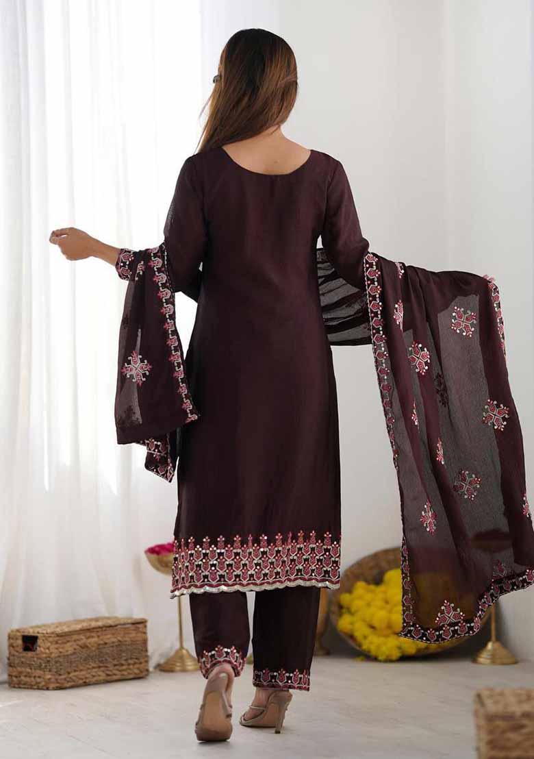 Brown Embroidered Silk Salwar Kameez With Dupatta
