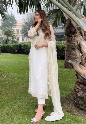 Off White Embroidered Georgette Salwar Kameez With Dupatta