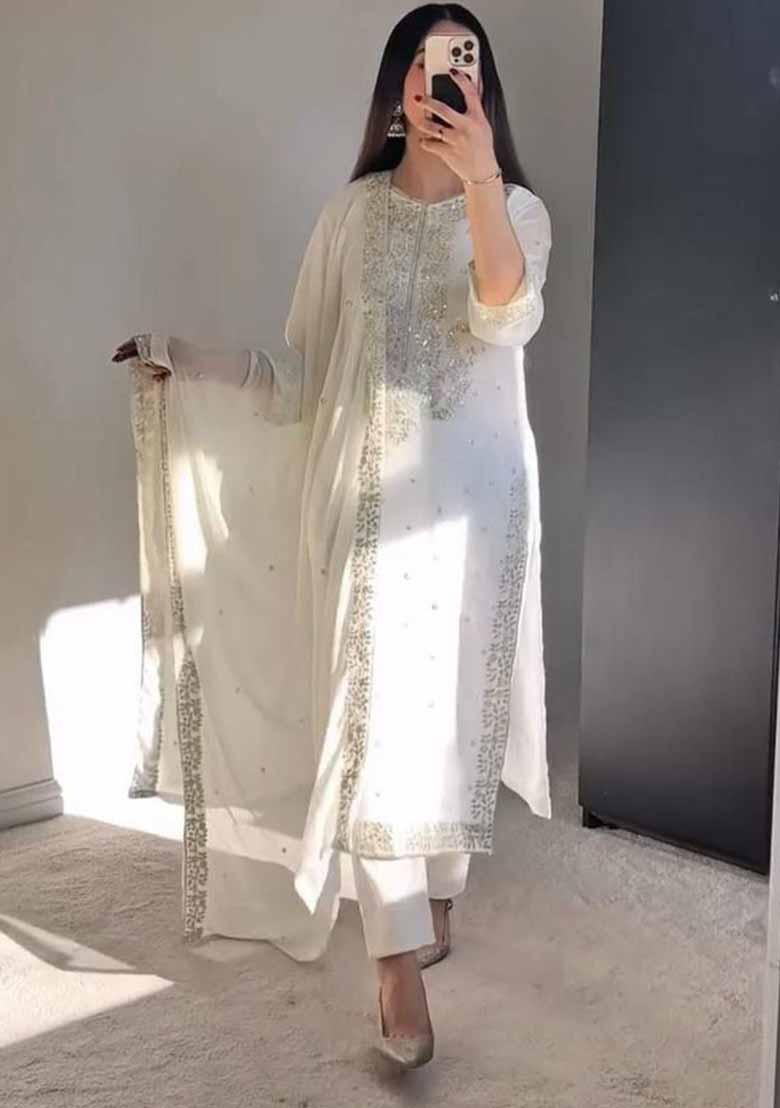 Off White Embroidered Georgette Salwar Kameez With Dupatta