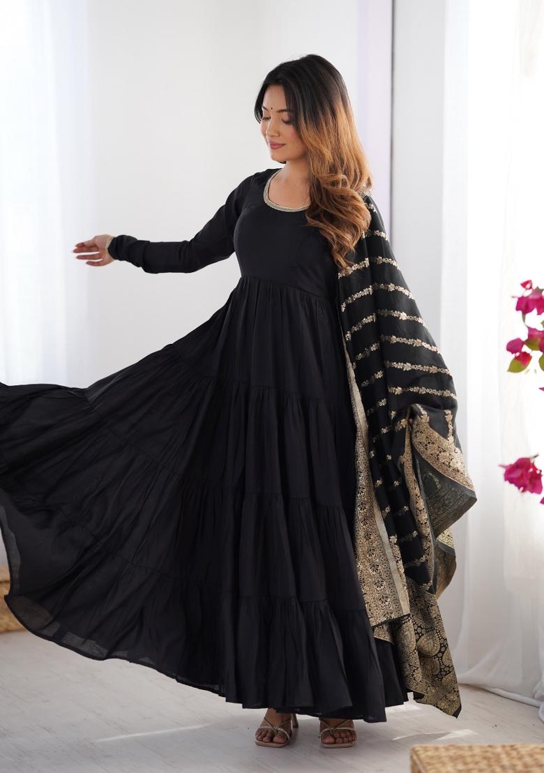 Black Embroidered Chanderi Salwar Kameez With Dupatta