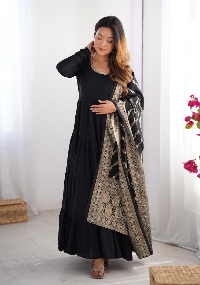 Black Embroidered Chanderi Salwar Kameez With Dupatta